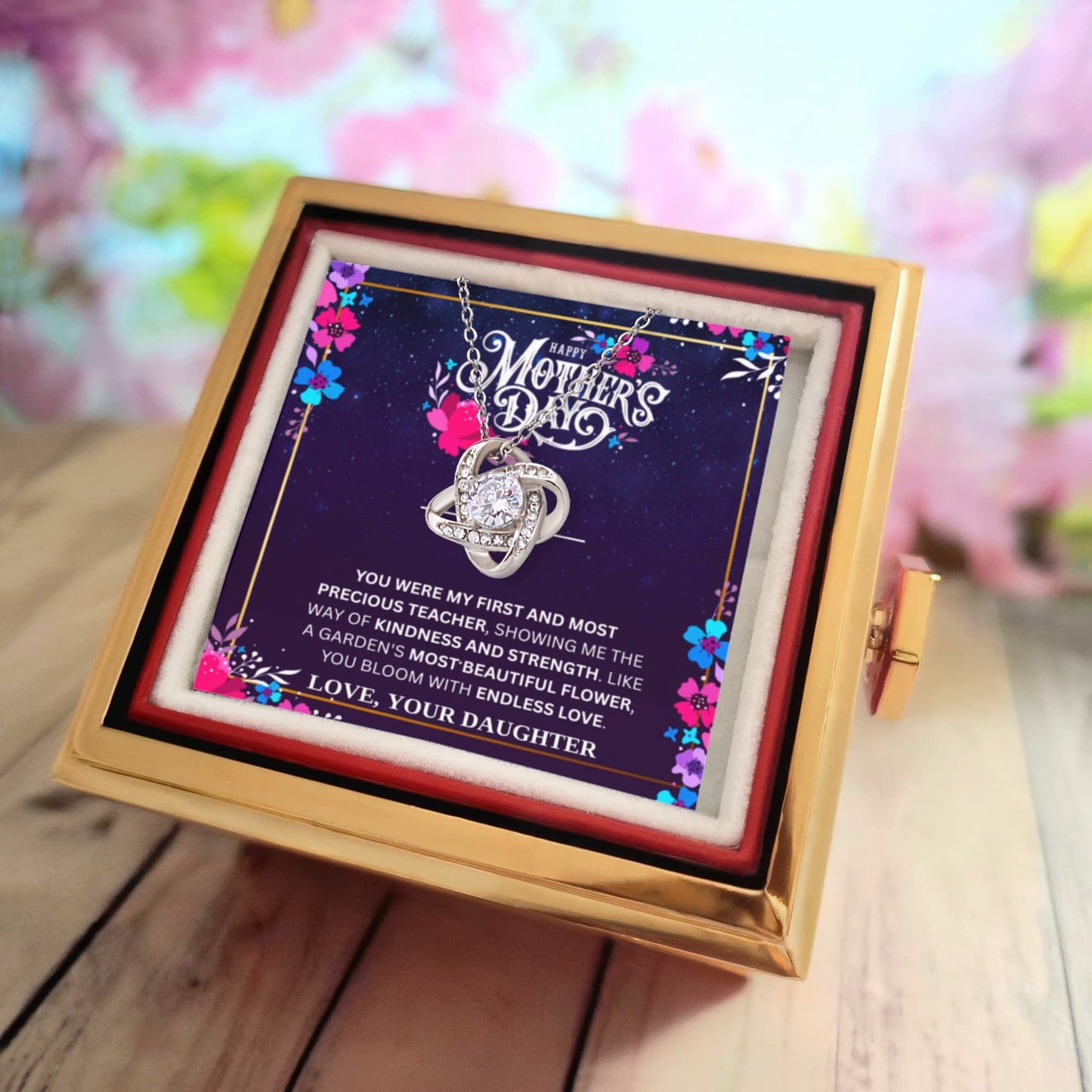 ShineOn Fulfillment Jewelry White Gold Finish / Standard Box Love Knot Necklace & Everlasting Rose Box - Emotional Mother's Gift from Daughter