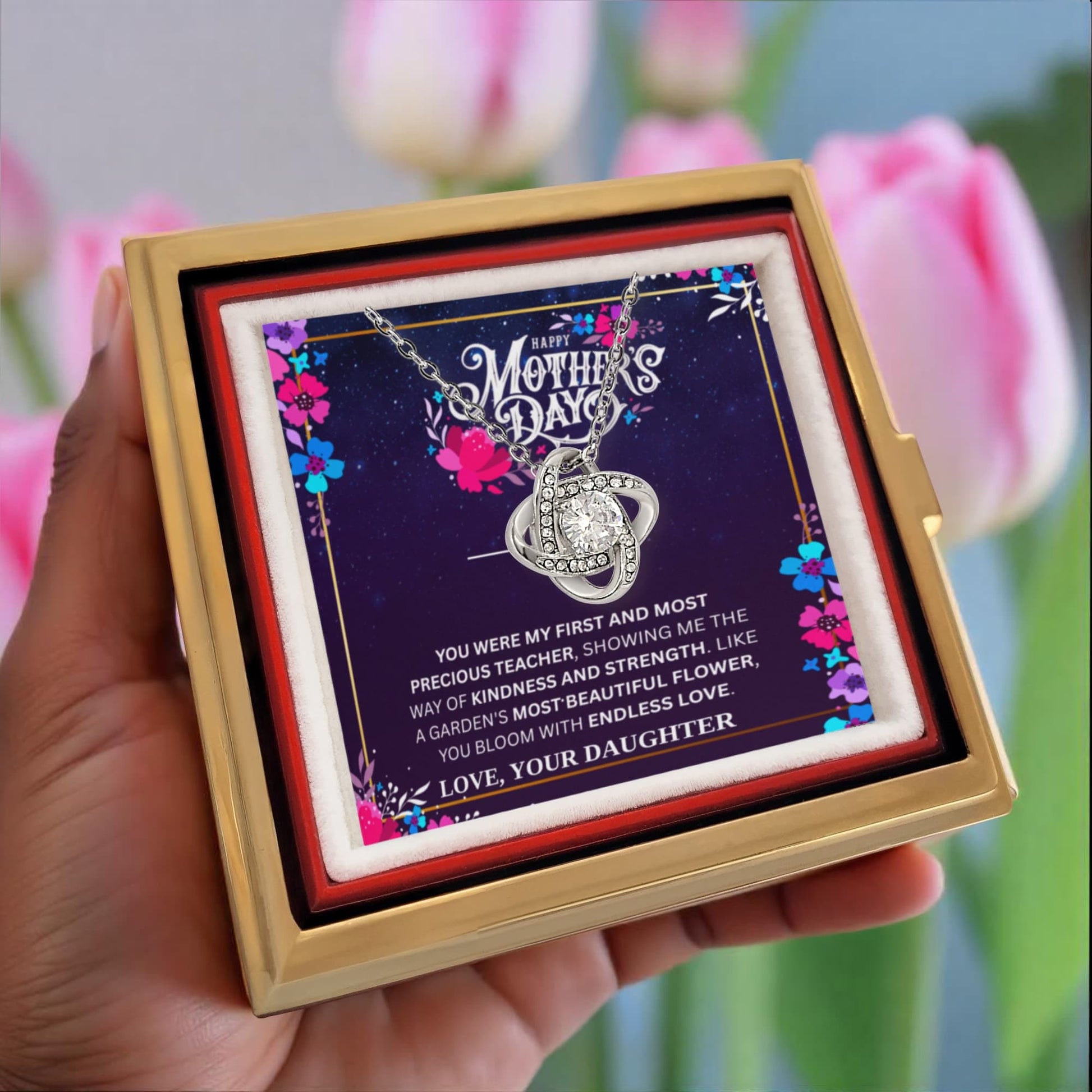 ShineOn Fulfillment Jewelry White Gold Finish / Standard Box Love Knot Necklace & Everlasting Rose Box - Emotional Mother's Gift from Daughter
