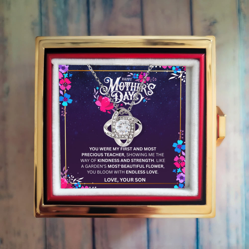 ShineOn Fulfillment Jewelry White Gold Finish / Standard Box Love Knot Necklace & Everlasting Rose Box - Emotional Mother's Gift from Son